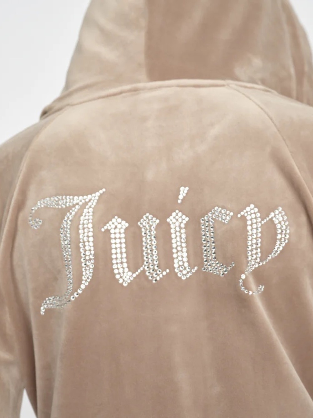#386- Juicy Couture Y2K Beige Velour Rhinestone 'Juicy' Hoodie